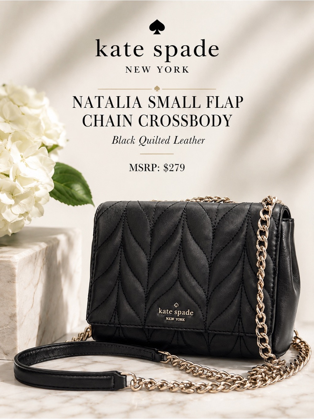 Kate Spade Natalia Small Flap Chain Crossbody Black Quilted Leather EUC